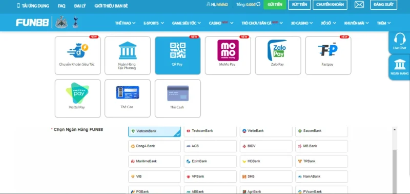 Nạp tiền từ QR Pay vào Fun88