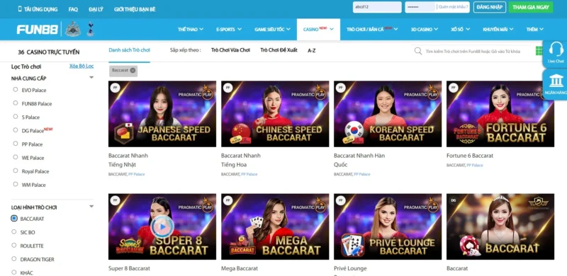 Trò chơi Baccarat tại Live Casino Fun88